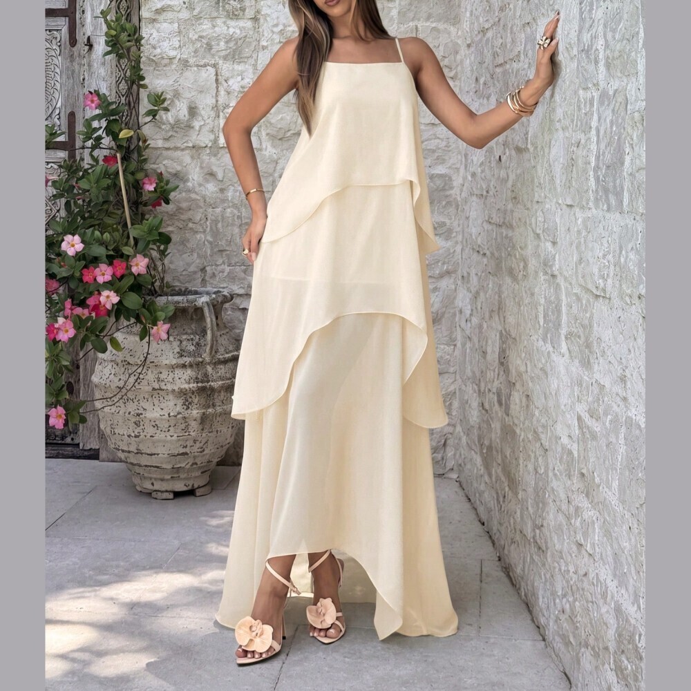 Cream Sheer Chiffon Tiered Ruffle Spaghetti Strap Square Neck Maxi Dress
